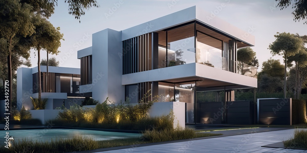 Luxury residential development with pool, generative ai Luxury residential development with pool, generative ai