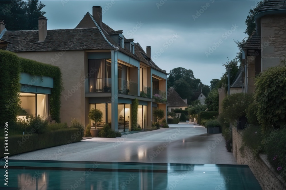 Fototapeta premium Luxury residential development with pool, generative ai