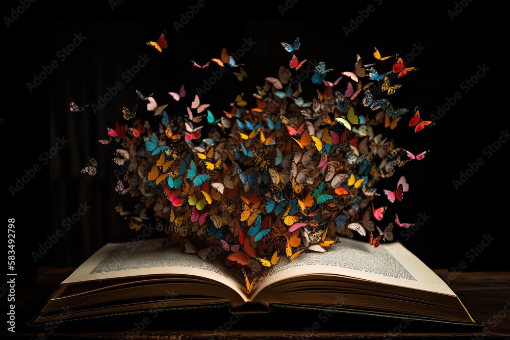 Open book with colorful butterflies coming out of it ideal for fantasy ...
