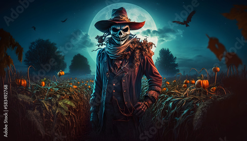 Scarecrow at night in the rye field. Generative AI