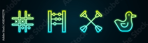 Set line Tic tac toe game, Abacus, Arrow with sucker tip and Rubber duck. Glowing neon icon. Vector