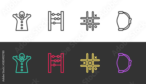 Set line Toy puppet doll on hand, Abacus, Tic tac toe game and Bow toy on black and white. Vector