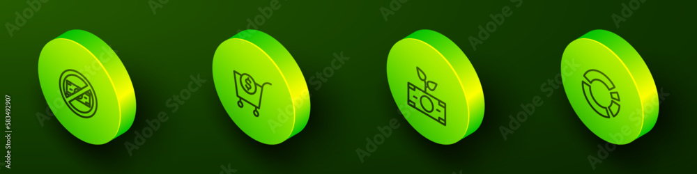 Set Isometric line No money, Shopping cart and dollar, Money plant the pot and Pie chart infographic icon. Vector Set Isometric line No money, Shopping cart and dollar, Money plant the pot and Pie chart infographic icon. Vector