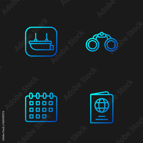 Set line Passport, Calendar, Lifeboat and Binoculars. Gradient color icons. Vector