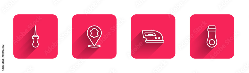 Set line Awl tool, Leather, Electric iron and Zipper with long shadow. Red square button. Vector
