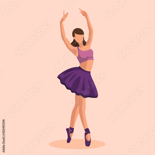 Vector illustration classical ballet. Caucasian white woman ballet dancer in tutu and pointe shoes dancing on beige background. Beautiful young faceless ballerina in a flat style photo