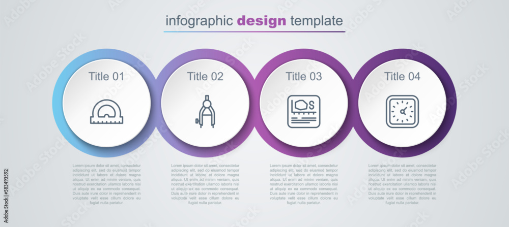 Set line Protractor, Drawing compass, Area measurement and Clock. Business infographic template. Vector Set line Protractor, Drawing compass, Area measurement and Clock. Business infographic template. Vector