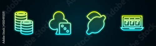 Set line Casino chips, Game dice, slot machine with lemon and Online jackpot. Glowing neon icon. Vector