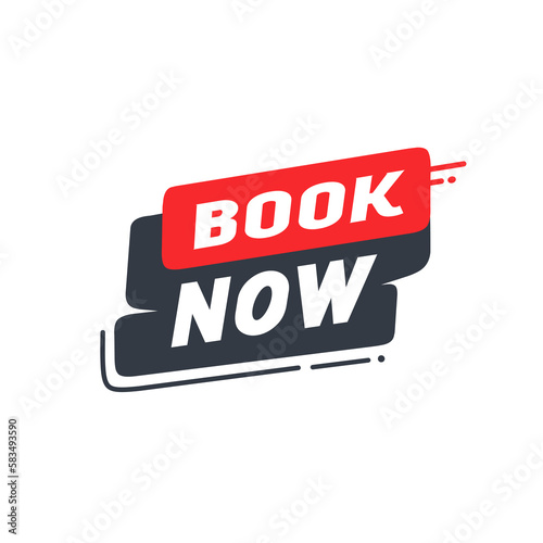 Book now banner template design. Vector illustration isolated on white background. Flat icon.