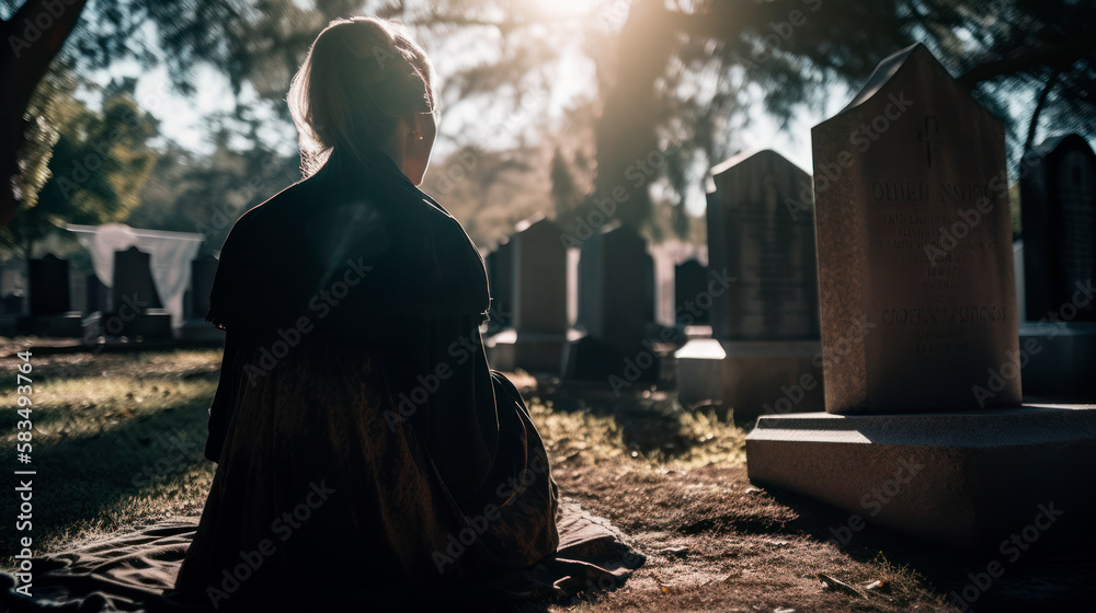 Woman in mourning at cemetery, generative ai