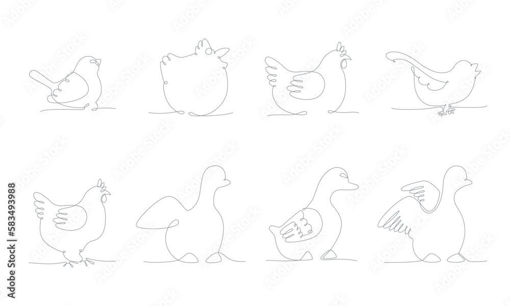 First spring birds set hand draw continues one line. Vector stock illustration isolated on white background for wedding, Easter invitation or greeting card. Editable stroke. 