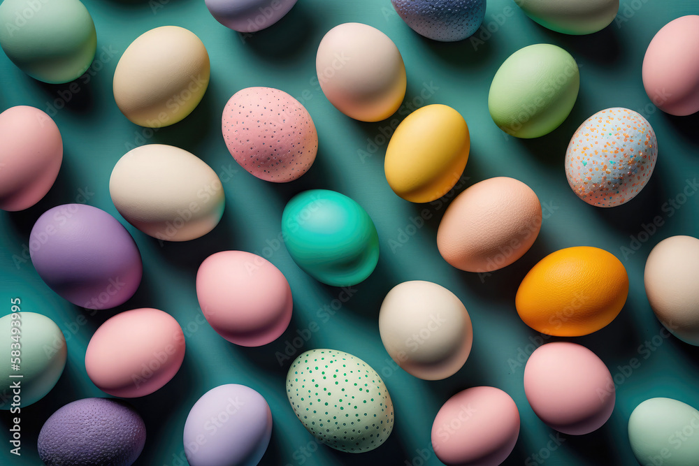 Flat lay of colorful chicken eggs texture background easter concept. Neural network AI generated art