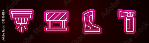 Set line Smoke alarm system, Road barrier, Fire boots and extinguisher. Glowing neon icon. Vector