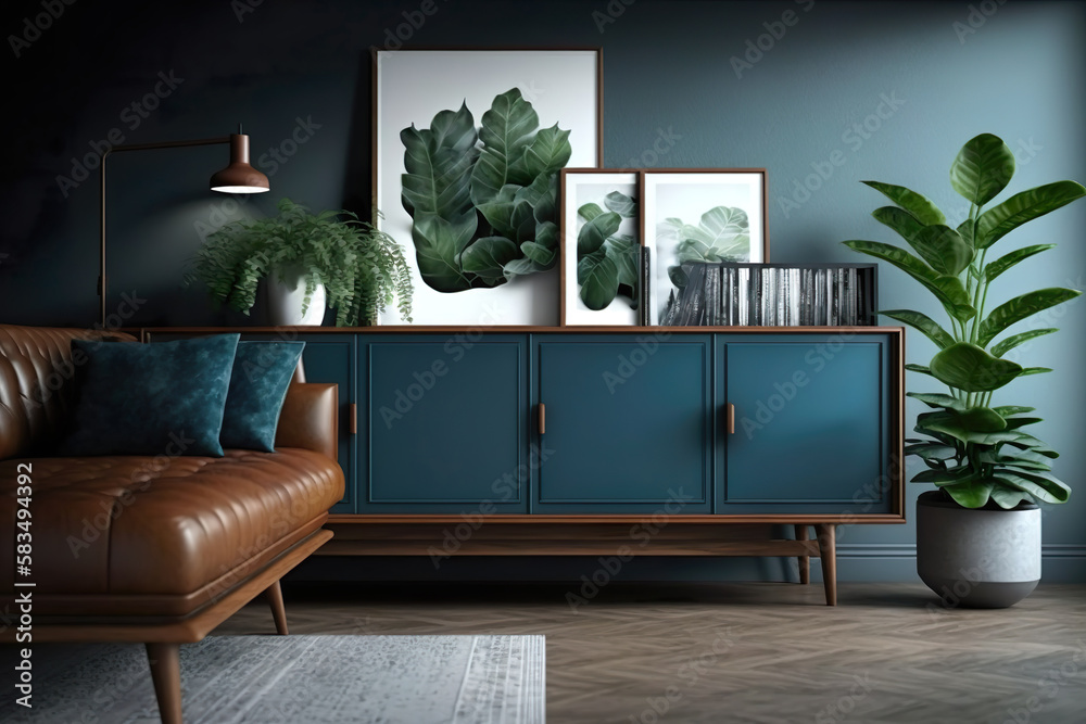 Modernes Wohnzimmer. Elegantes braunes Ledersofa, blaues Sideboard aus Holz, große Pflanze, Bilder an der Wand. - obrazy, fototapety, plakaty 