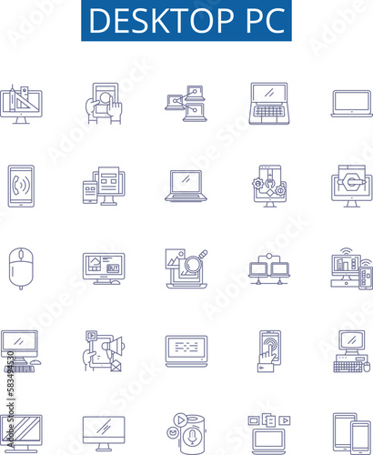 Desktop pc line icons signs set. Design collection of Computer, Desktop, PC, Desktop PC, Workstation, Tower, Monitor, Mouse outline concept vector illustrations