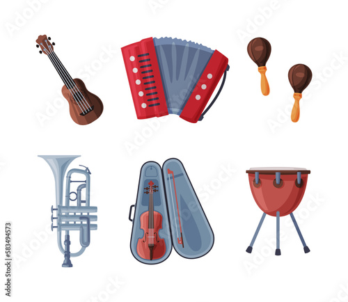 Different Musical Instrument with Accordion, Violin, Drum, Maraca, Ukulele and Horn Vector Set