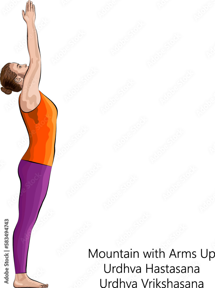 Vecteur Stock Woman practicing yoga, doing pose Mountain with Arms Up or Upward Salute or Upward