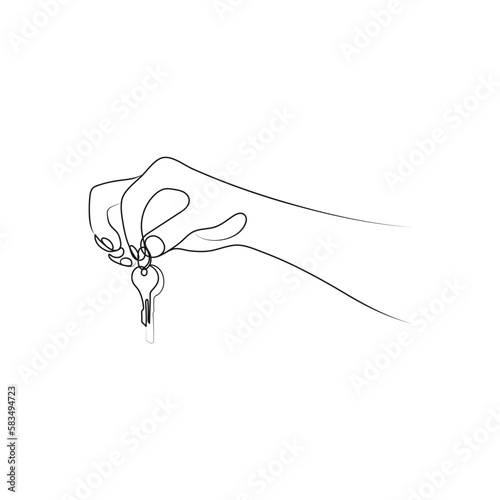 Hand holding the keys. One line art. The concept of real estate sales. Hand drawn vector illustration.
