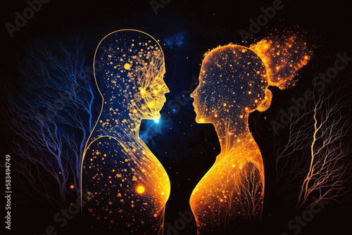 Astral body man and woman silhouettes face to face neural network AI generated art