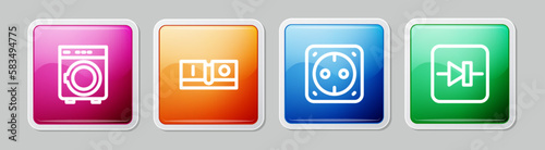 Set line Washer, Electric light switch, Electrical outlet and Diode in electronic circuit. Colorful square button. Vector