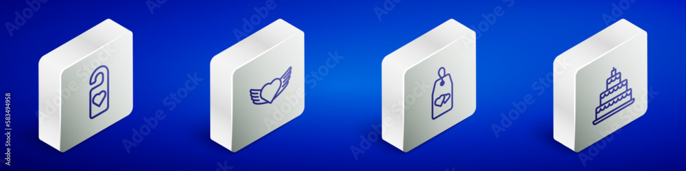 Set Isometric line Please do not disturb with heart, Heart wings, and Wedding cake icon. Vector Set Isometric line Please do not disturb with heart, Heart wings, and Wedding cake icon. Vector