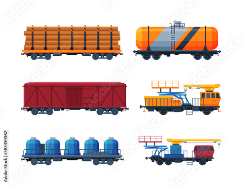 Train as Rail Freight and Cargo Transport Service Vector Set