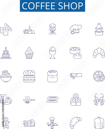 Coffee shop line icons signs set. Design collection of Cafe, Espresso, Latte, Coffee, Java, Mocha, Colombian, Frappe outline concept vector illustrations