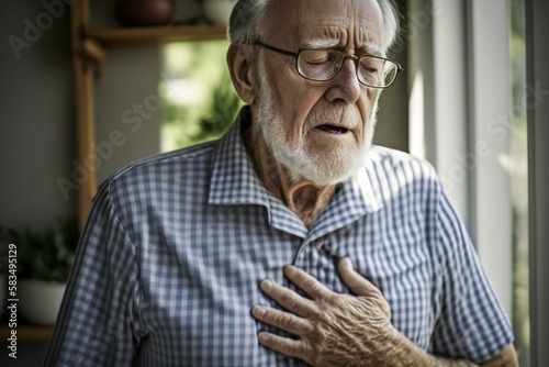 Senior man holding man on chest and suffering from heart, health problems, generative ai