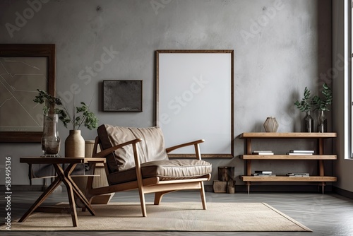 Concrete interior of a living room with a wooden couch, a coffee table with a vase and books, and an armchair. Blank interior poster mockup with wooden frame. Generative AI