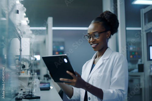 Sciencie research and black woman with table, in laboratory, generative ai photo