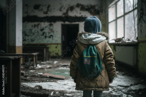 Back view of a child in abandoned school, generative ai