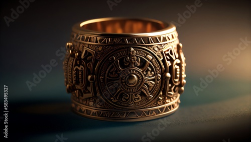 Awesome expensive luxury mayan empire era ring, close-up shot. AI generated.