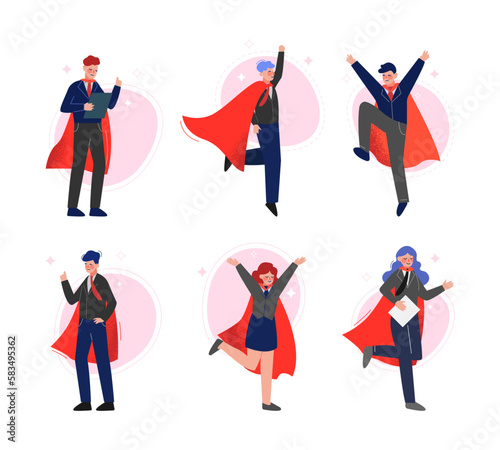 Super Businesspeople Character in Red Cape Vector Set