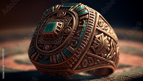 Awesome expensive luxury aztec empire era ring, close-up shot. AI generated.