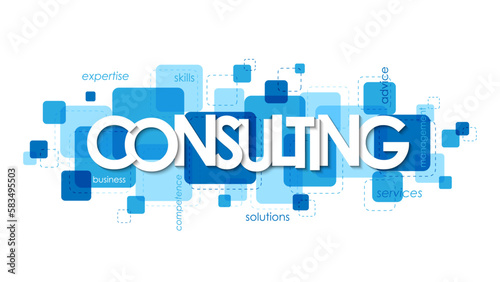 CONSULTING blue vector typography banner with keywords