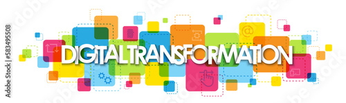 DIGITAL TRANSFORMATION colorful vector typography banner with icons