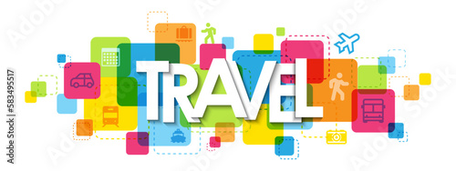 TRAVEL colorful vector typography banner with icons