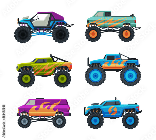Monster Truck with Four-wheel Steering and Oversized Tires for Competition and Entertainment Vector Set