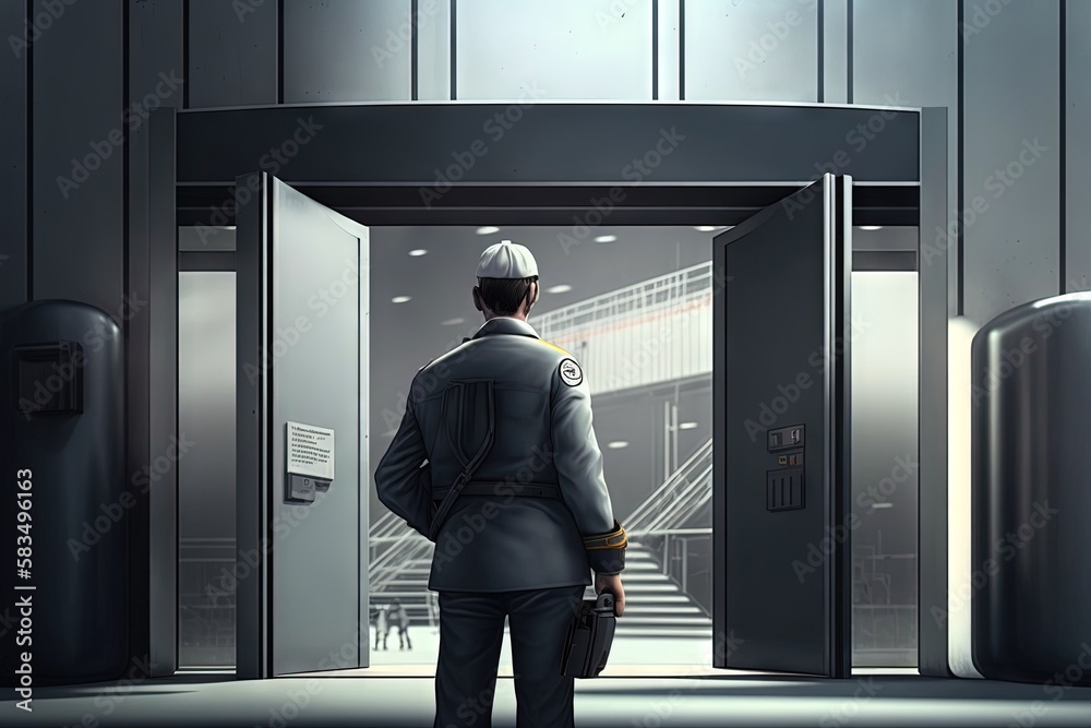 Security guard controlling indoor entrance gate view from the back