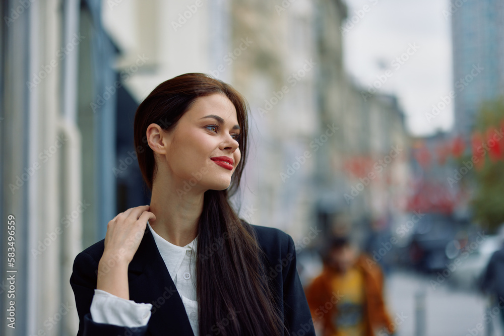 Fototapeta premium Fashion woman smile spring walking in the city in stylish clothes with red, travel, cinematic color, retro vintage style, urban fashion lifestyle.