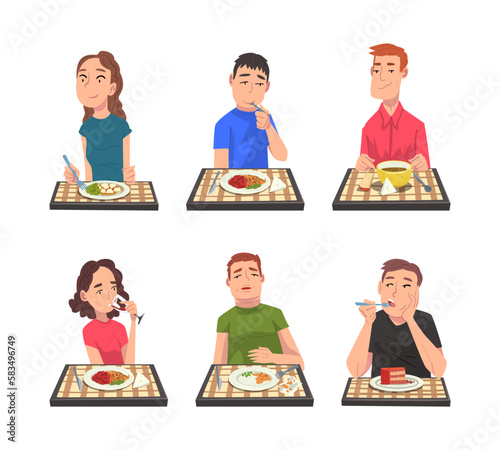 Man and Woman Eating Delicious Meal from Plate Sitting at Table with Checkered Tablecloth Vector Set