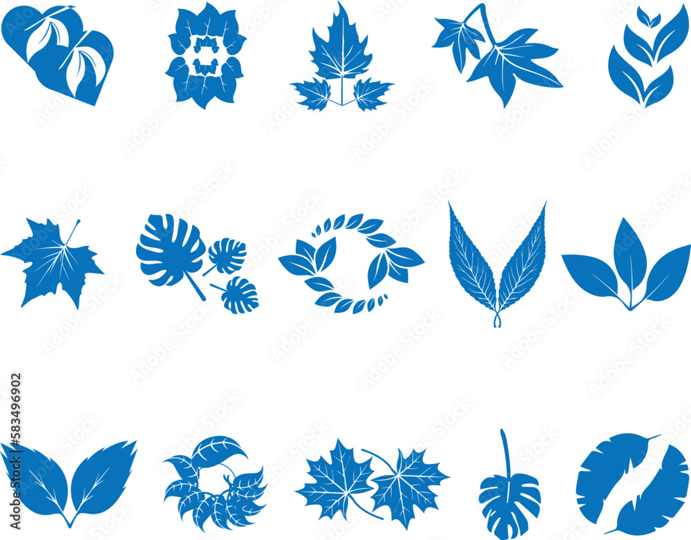 Leaf icon set, 15 tree herbs icon blue vector
