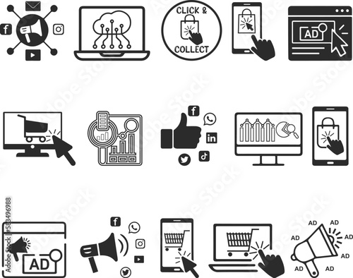 Marketing icon set, 15 SEO optimisation icon set black vector