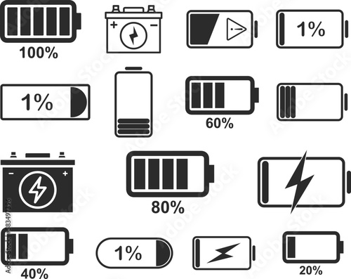 Battery icon set, 15 battery charging icon set black vector