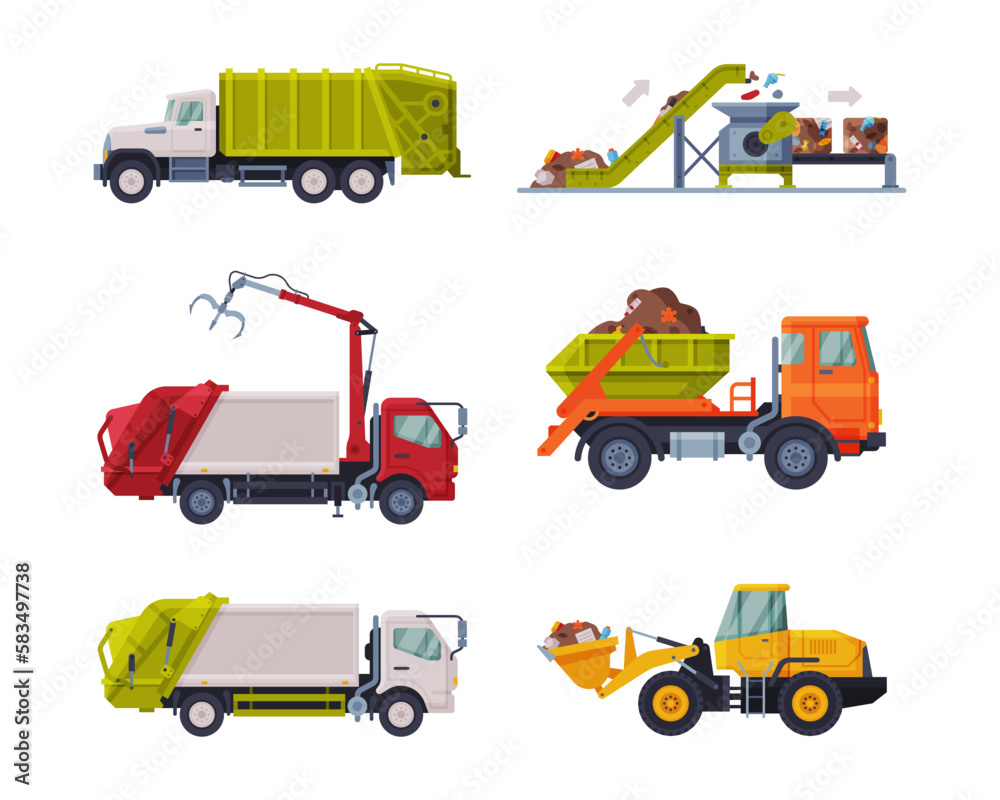 Garbage Truck for Transporting Solid Waste to Recycling Center Vector Set - obrazy, fototapety, plakaty 