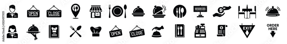 Restaurant icons vector set. Pin map, cafes, open, clossed, bell, spoon, fork, knife, plate, recipe book, chef hat, cashier machine, receipt, payment, employee, cloche, food icon. Symbol illustration Restaurant icons vector set. Pin map, cafes, open, clossed, bell, spoon, fork, knife, plate, recipe book, chef hat, cashier machine, receipt, payment, employee, cloche, food icon. Symbol illustration