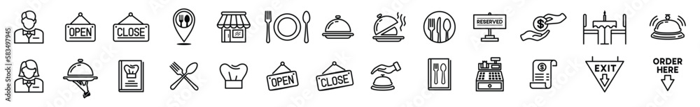 Restaurant icons vector set. Pin map, cafes, open, clossed, bell, spoon, fork, knife, plate, recipe book, chef hat, cashier machine, receipt, payment, employee, cloche, food icon. Symbol illustration Restaurant icons vector set. Pin map, cafes, open, clossed, bell, spoon, fork, knife, plate, recipe book, chef hat, cashier machine, receipt, payment, employee, cloche, food icon. Symbol illustration