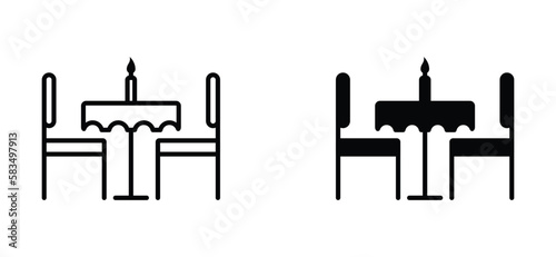 Chairs and table icon. Restaurant, cafes table and chairs icon symbol with candle in line and flat style. Vector illustration