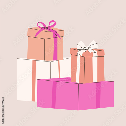 Composition of various gift boxes with bows. Vector flat isolated illustration for design. Pink, beige and white colors.