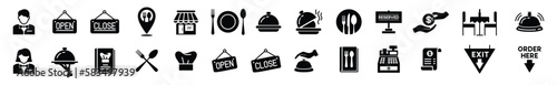 Restaurant icons vector set. Pin map, cafes, open, clossed, bell, spoon, fork, knife, plate, recipe book, chef hat, cashier machine, receipt, payment, employee, cloche, food icon. Symbol illustration
